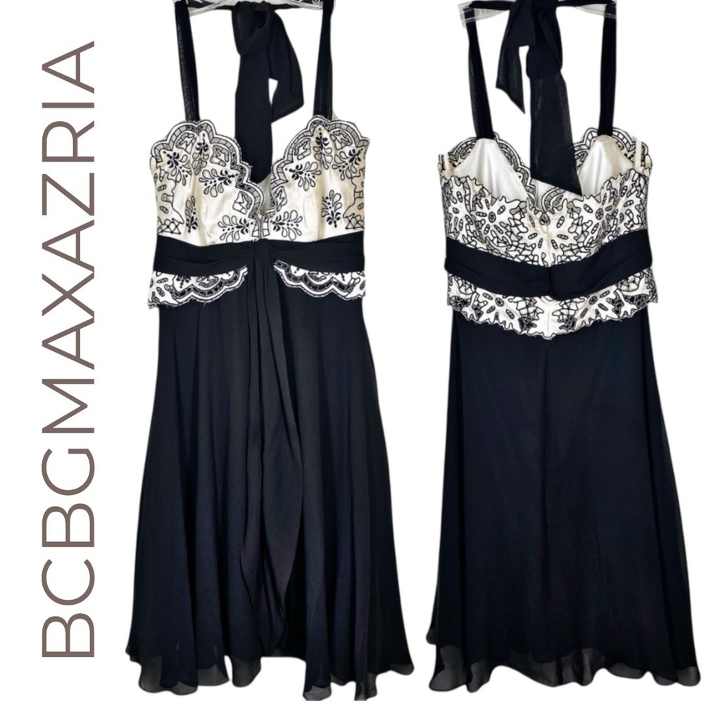 BCBGMAXAZRIA Halter Dress Black Ivory Embroidered‎ Y2K Evening Size 0 - Picture 2 of 13